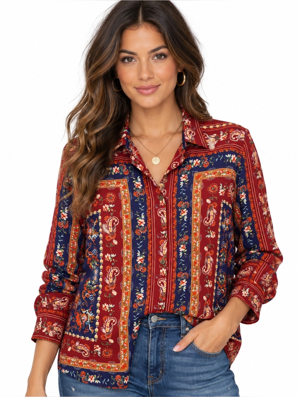 NWT Sara Michelle Paisley Floral Boho Button Down Blouse Burgundy Navy L Fall